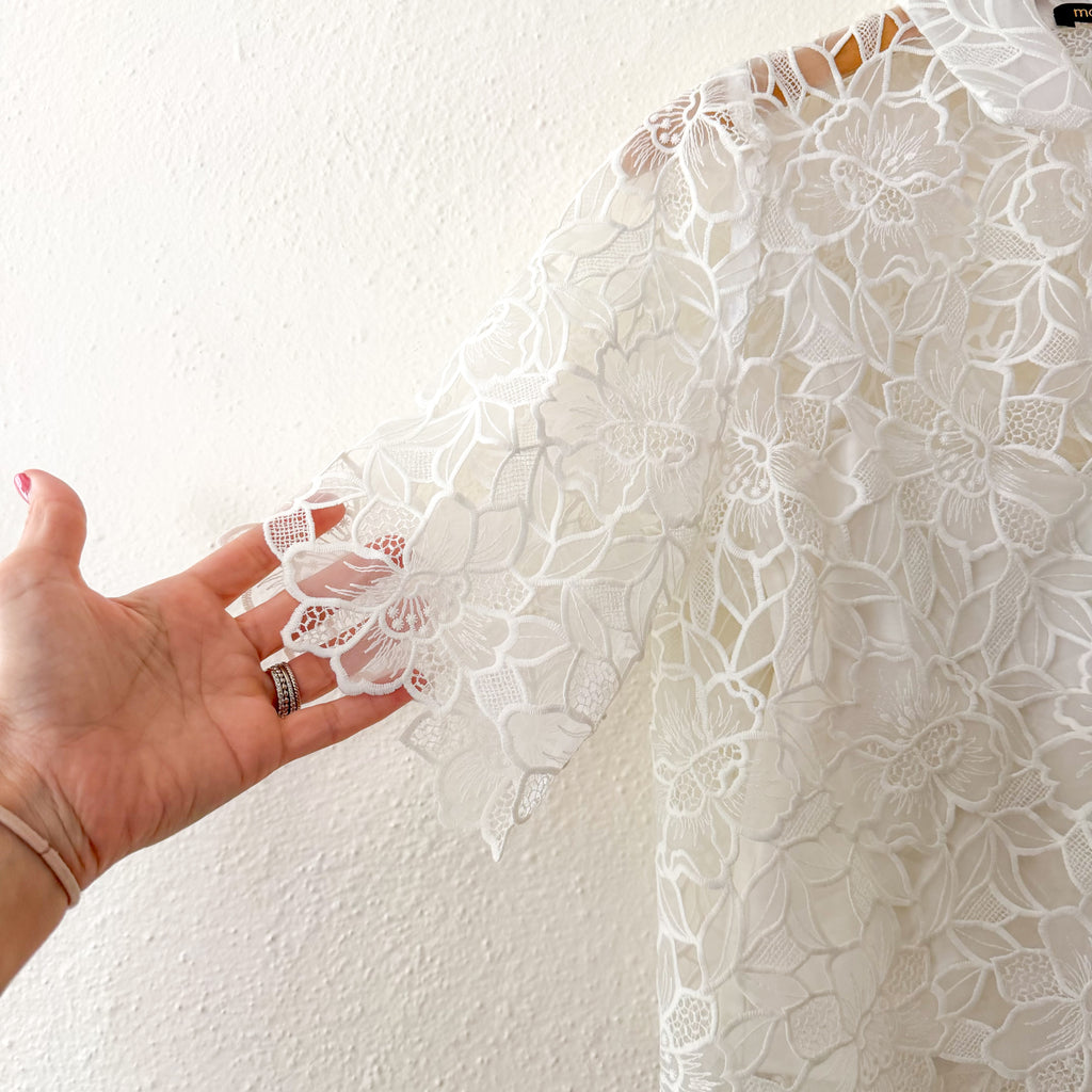 Maje Cropped Floral Lace Broderie Sheer Blouse in White | 0