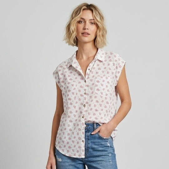 Jachs New York Girlfriend Floral Rayon Short Sleeve Button Up Blouse | XS