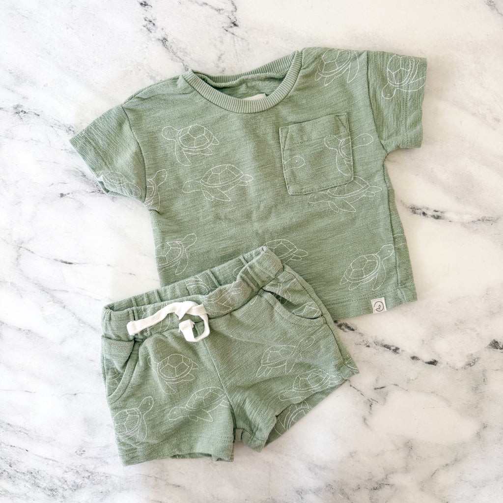 Little Planet Organic Sage Green Printed Turtles T-Shirt + Pull On Shorts Matching Set | 0-3m