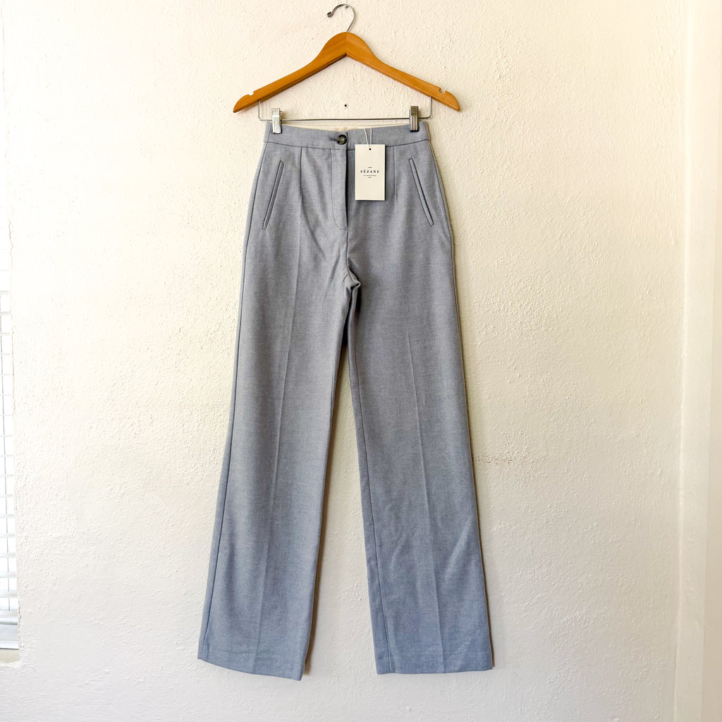 Sézane Martin High Rise Wide-Leg Wool Blend Trousers in Ice Blue | sz 2