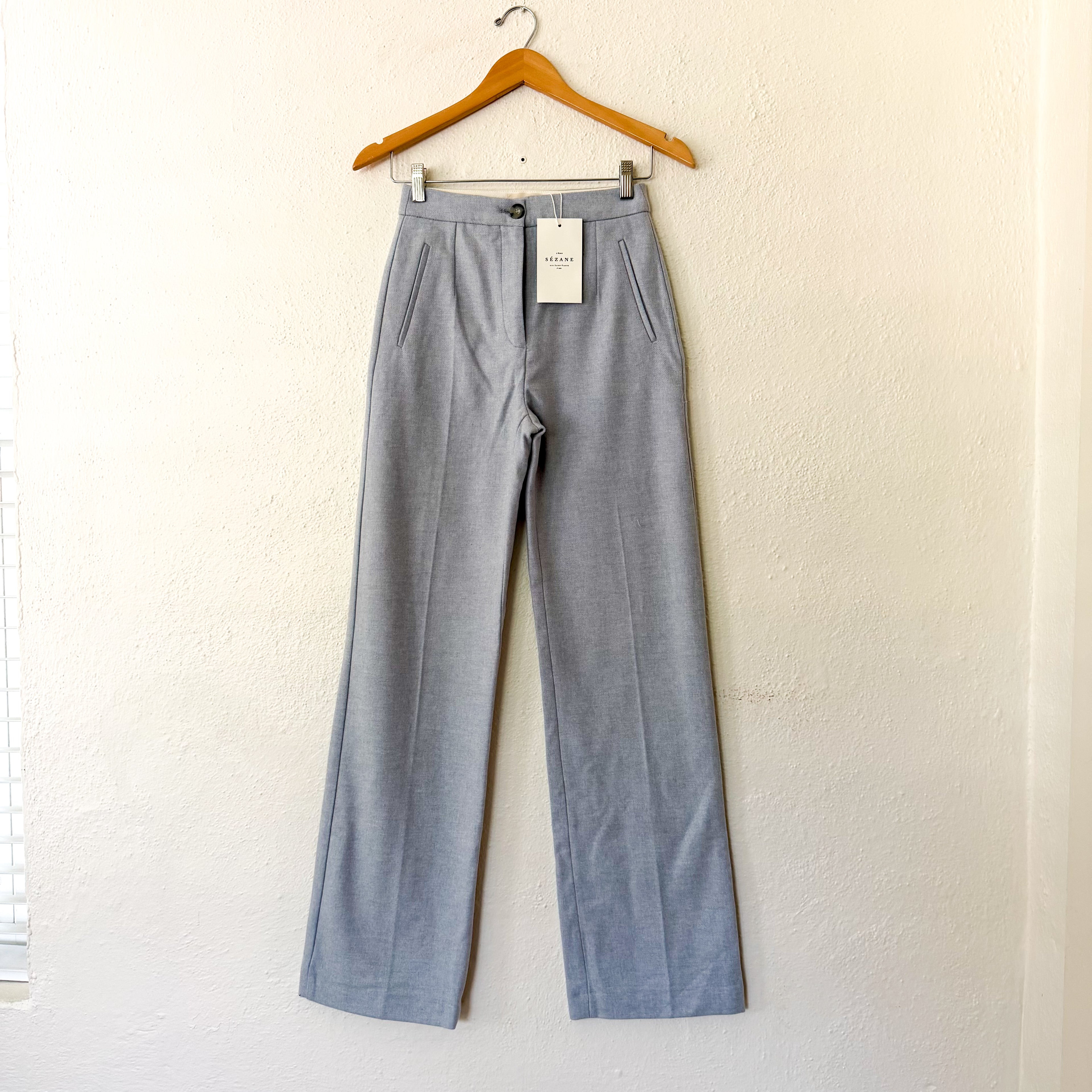 Sézane Martin High Rise Wide-Leg Wool Blend Trousers in Ice Blue | sz 2