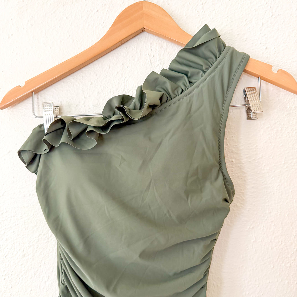 J.Crew Matte Ruffle One-Shoulder One-Piece Swimsuit in Cool Cypress | 2