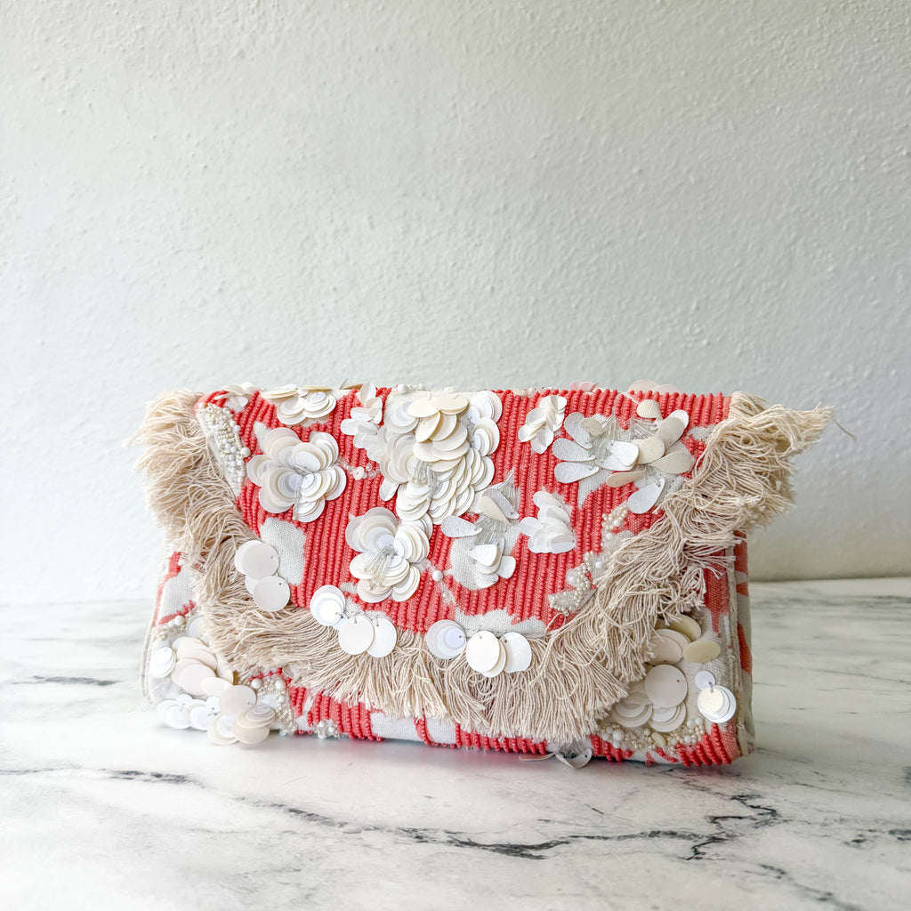 Anthropologie Beaded Embellished Orange Fringe Clutch