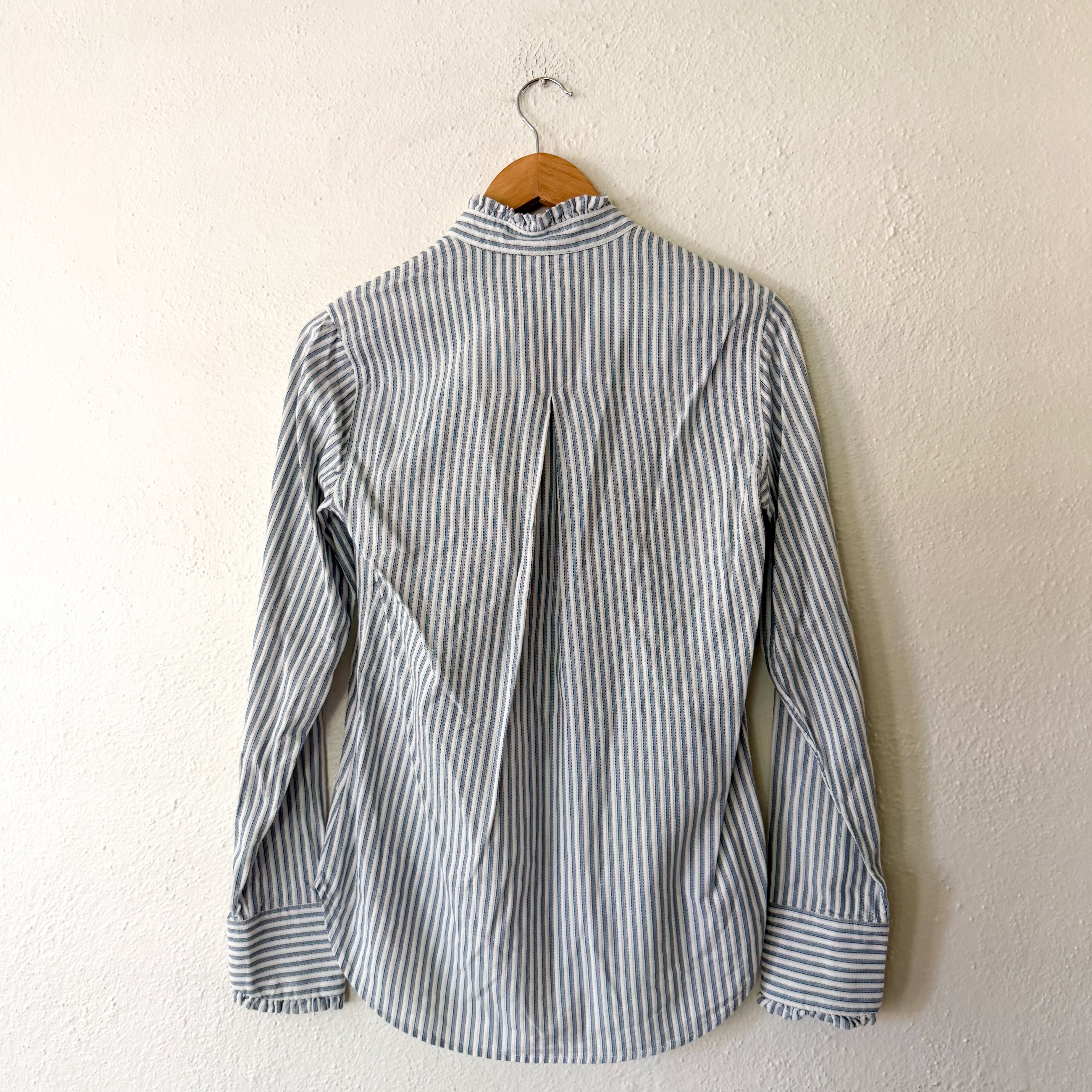 Rag & Bone Jordan Ruffle Neck Long Sleeve Button Up Shirt in Blue Stripe | S