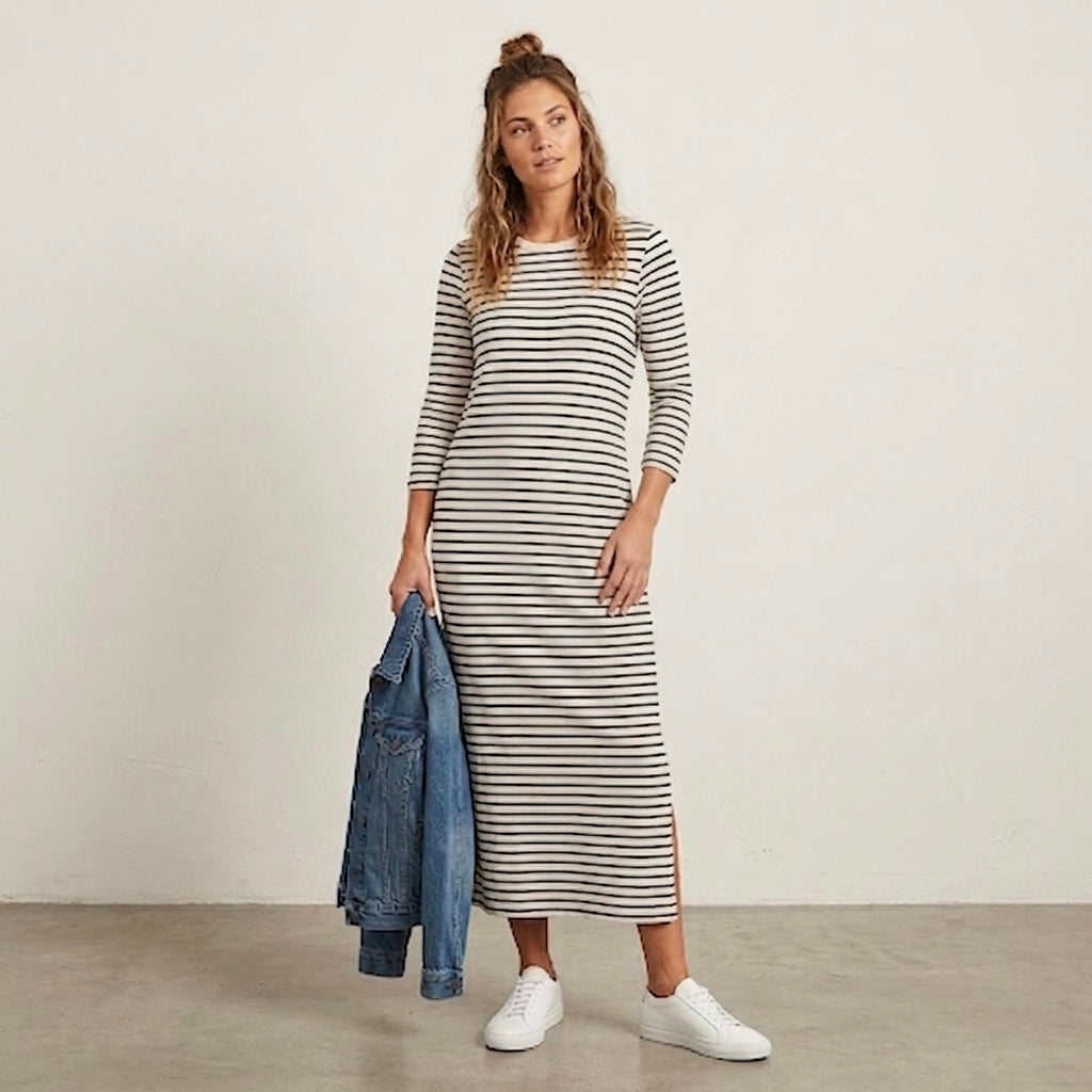 Pomander Place Navy Stripe Gio 3/4 Sleeve Jersey Maxi Dress | XS