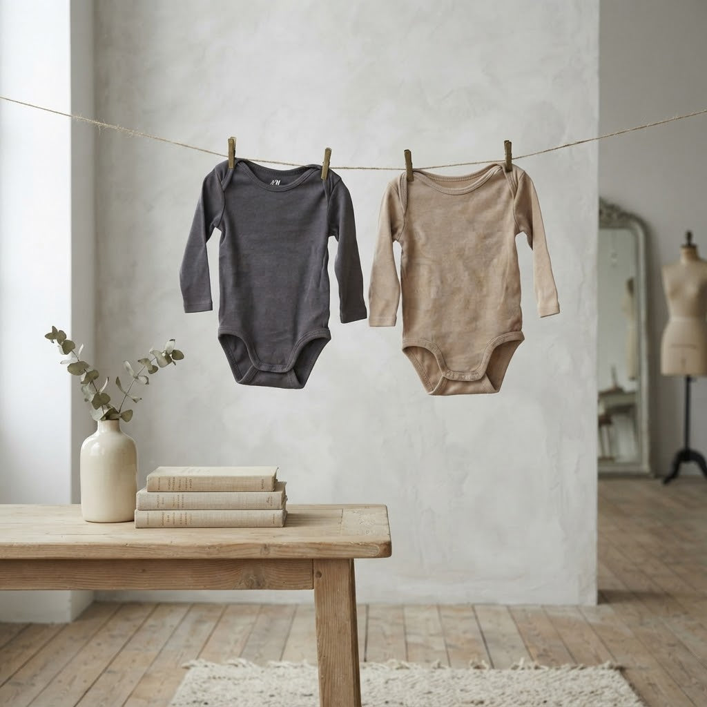 H&M Basics Organic Cotton Solid Charcol + Tan Long Sleeve Bodysuit Bundle | 6-9m