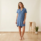 Women's Short Sleeve Button Down Night Dress in Cornflower Blue | S