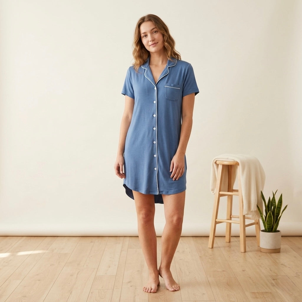 Nordstrom Moonlight Eco Pajama Sleep Set in Light Blue + White Piping | Small