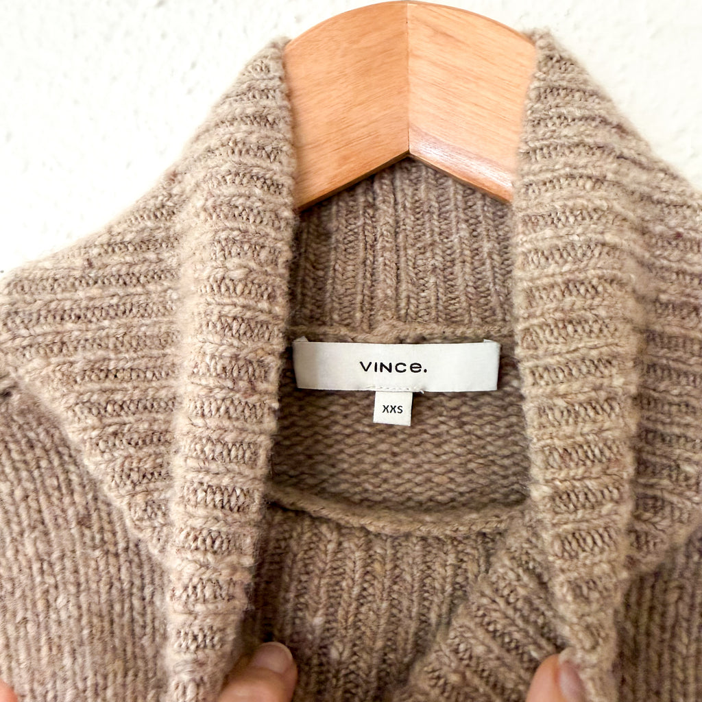 Vince 100% Cashmere Donegal Side Slit Turtleneck Sweater in Beige Camel | XXS