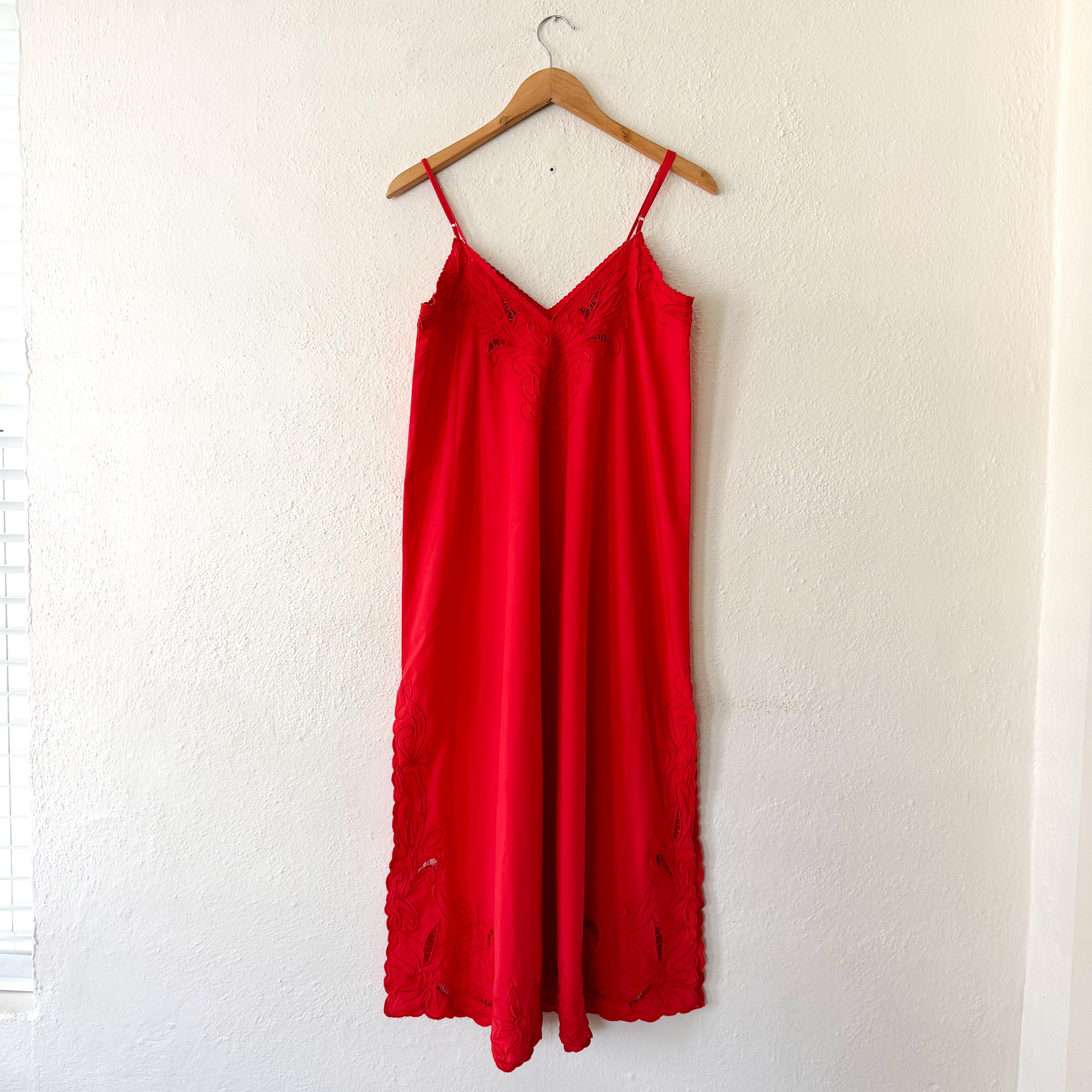 Juliet Dunn London Red Wave Cotton Poplin Strappy Embroidered Lace Midi Slip Dress | sz 1 (S-4/6)
