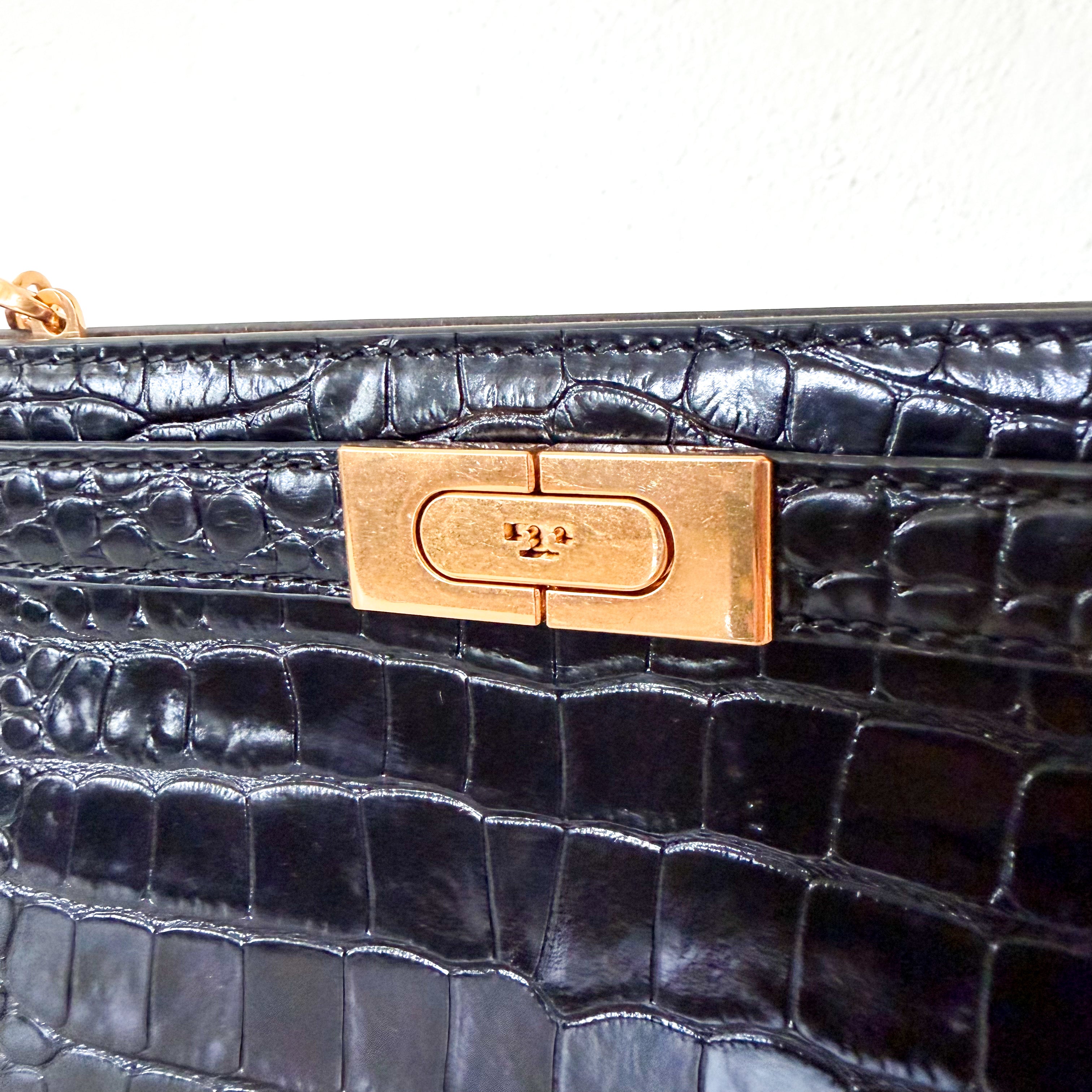 Tory Burch Lee Radziwill Black Croc-Embossed Leather Petite Bag