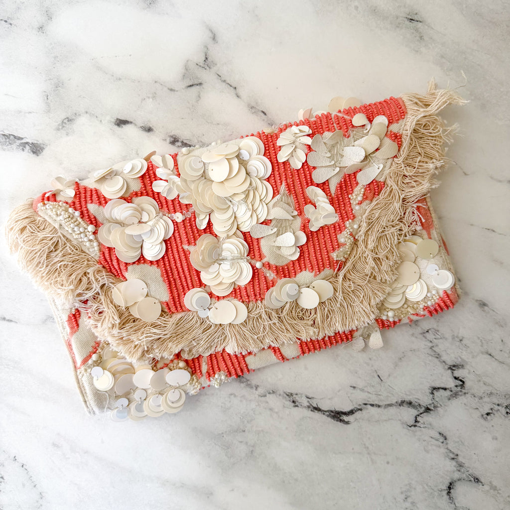 Anthropologie Beaded Embellished Orange Fringe Clutch