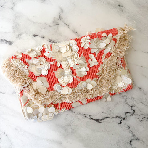Anthropologie Beaded Embellished Orange Fringe Clutch