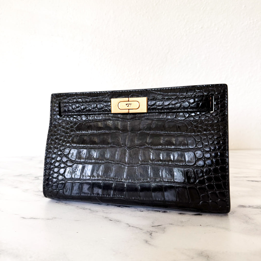 Tory Burch Lee Radziwill Black Croc-Embossed Leather Petite Bag