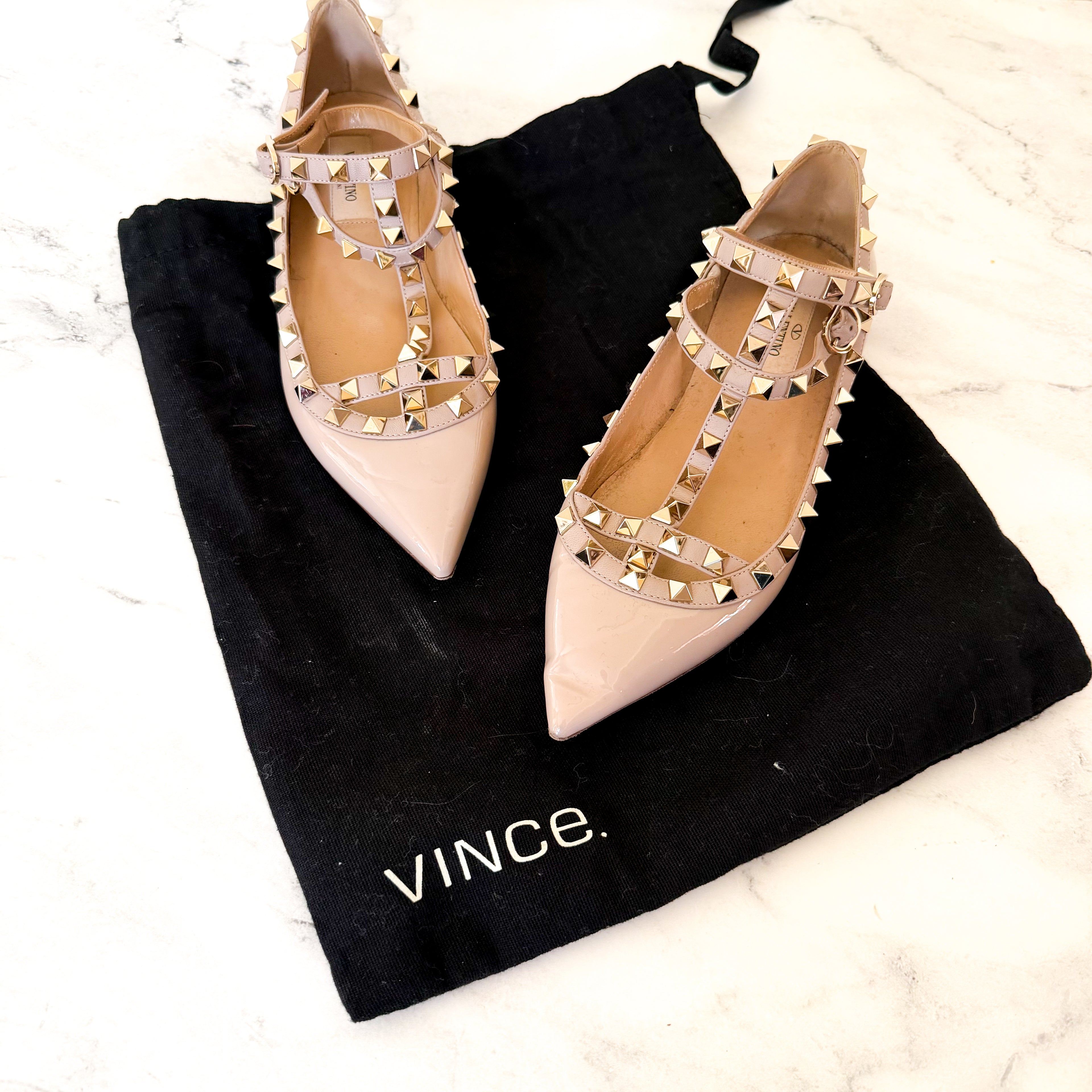 Valentino Garavani Rockstud Caged Nude Patent Leather Pointed Toe Ballet Flats | 36/US 6