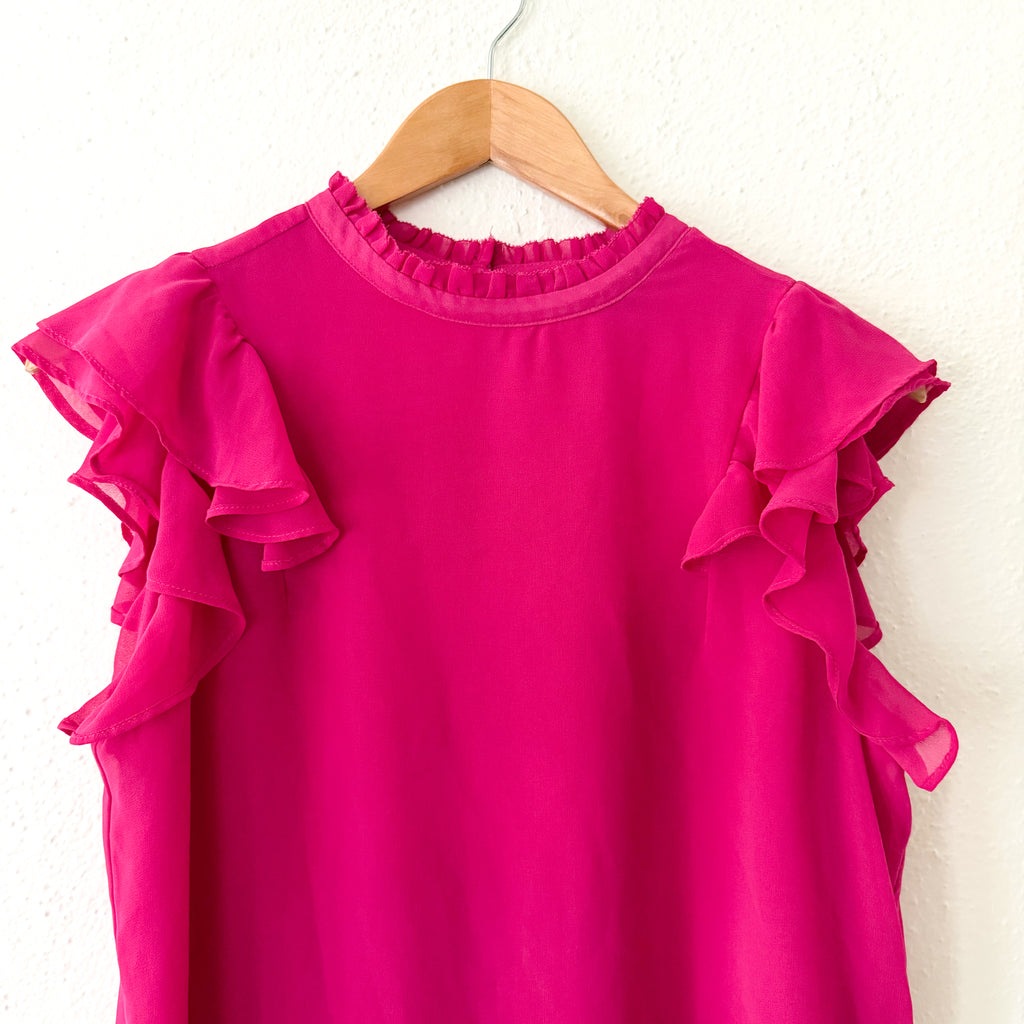 DKNY Sleeveless Ruffle Silky Chiffon Blouse in Hot Pink | S