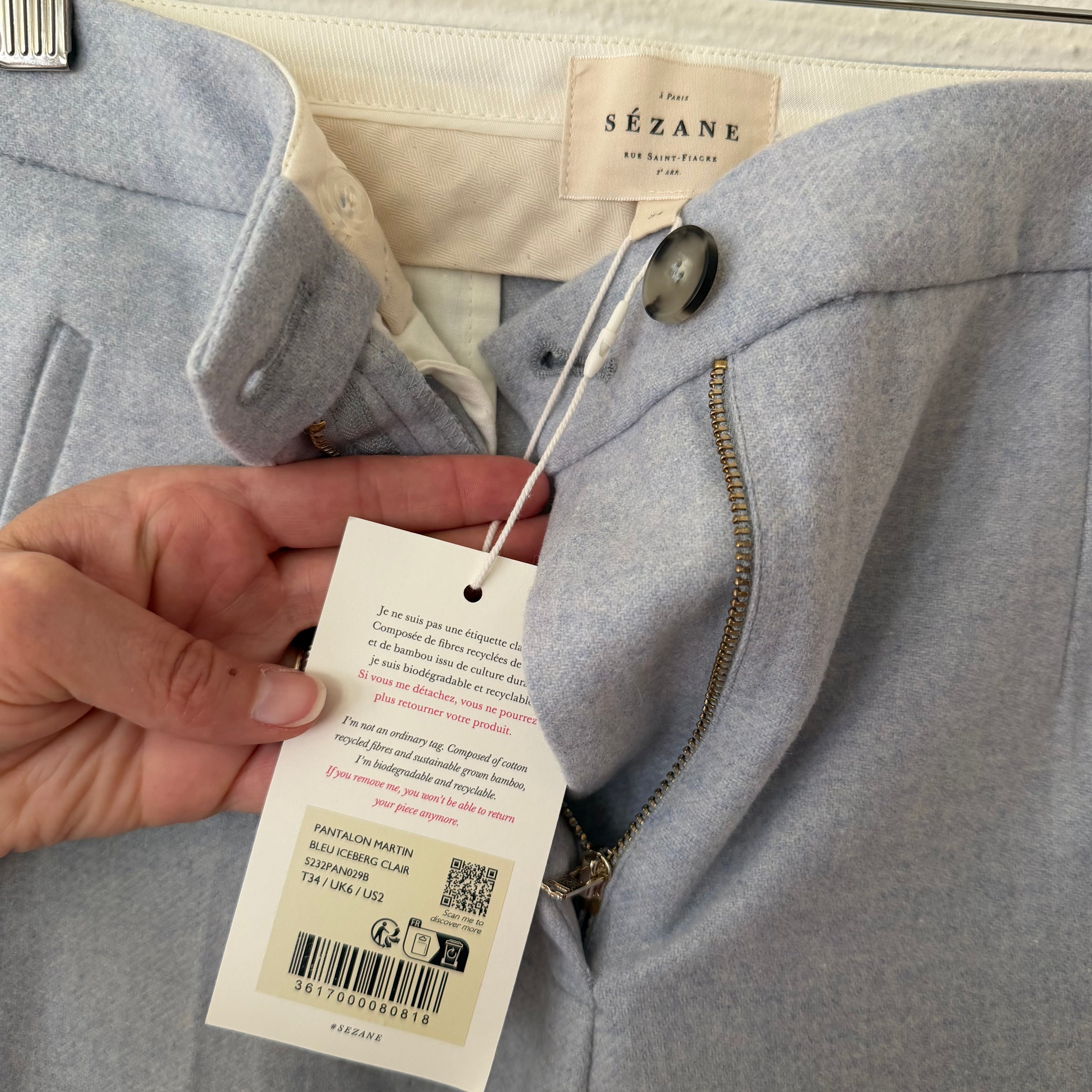 Sézane Martin High Rise Wide-Leg Wool Blend Trousers in Ice Blue | sz 2