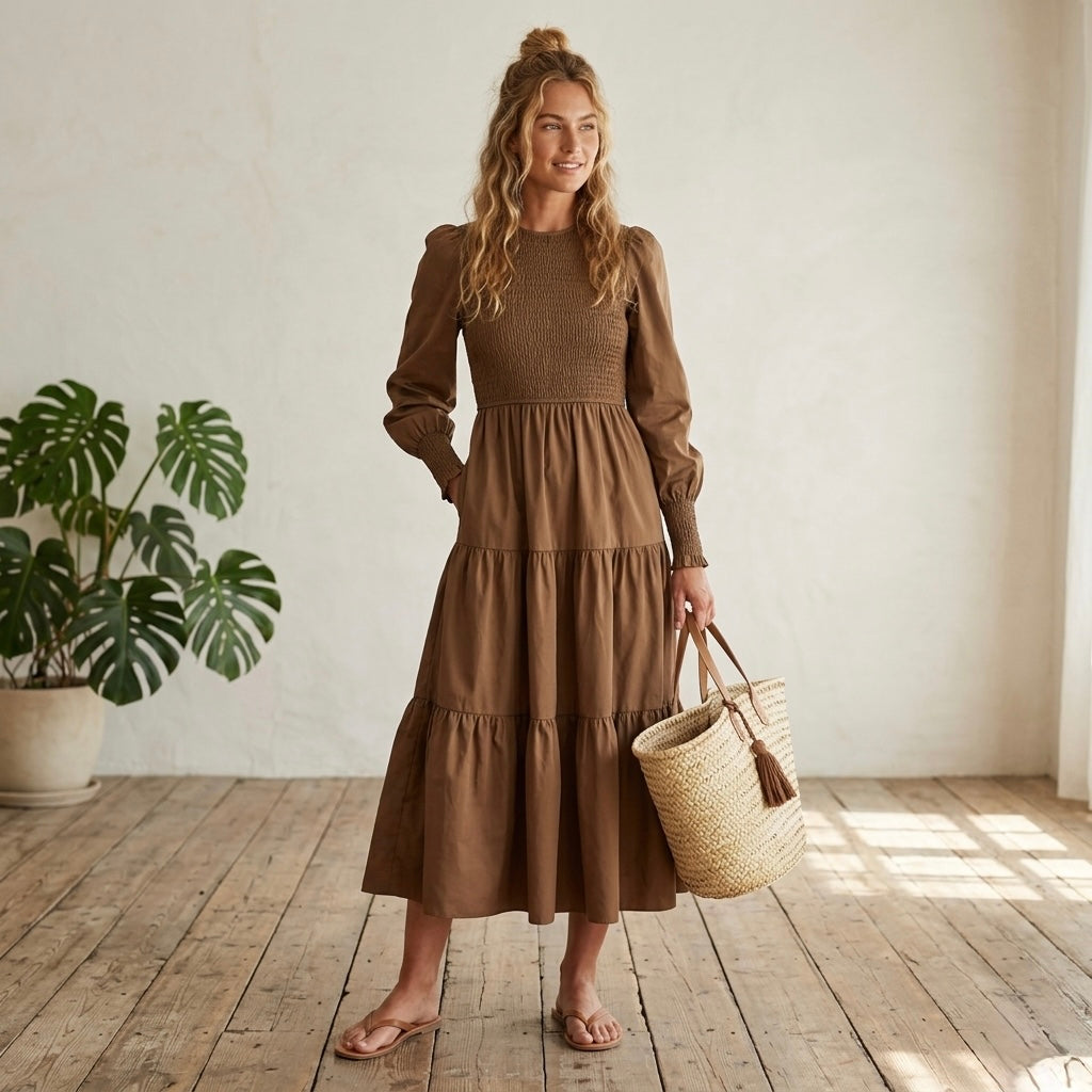 CUPSHE Brown Smocked Tiered High Neck Long Sleeve Maxi Dress | XS