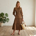 CUPSHE Brown Smocked Tiered High Neck Long Sleeve Maxi Dress | XS