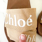Chloé Woody Flat Logo Tan White Ribbon Slide Sandals, sz 37/6.5