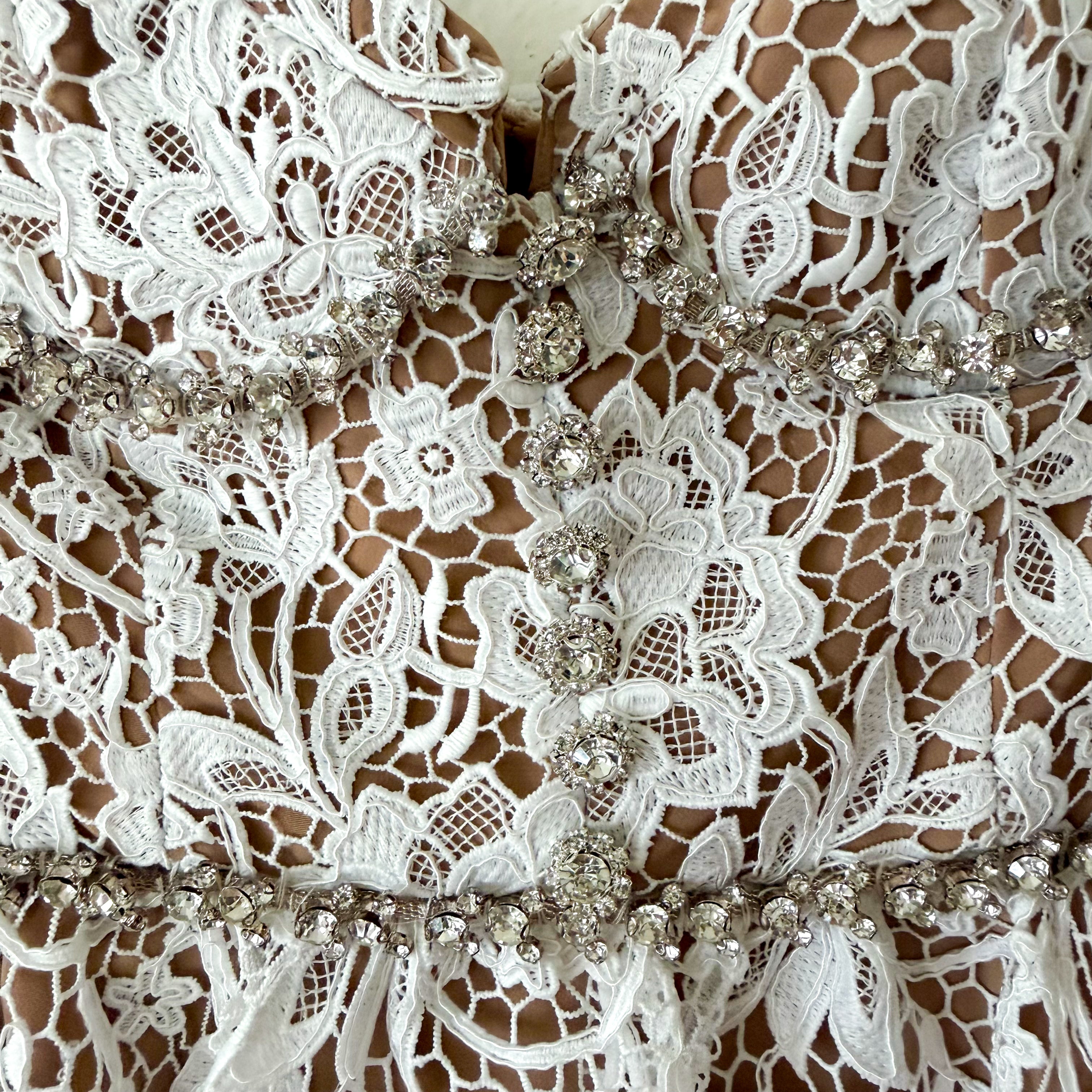 Self-Portrait White Diamante Rhinestone Embellished Lace Midi Dress | 0