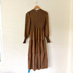 CUPSHE Brown Smocked Tiered High Neck Long Sleeve Maxi Dress | XS