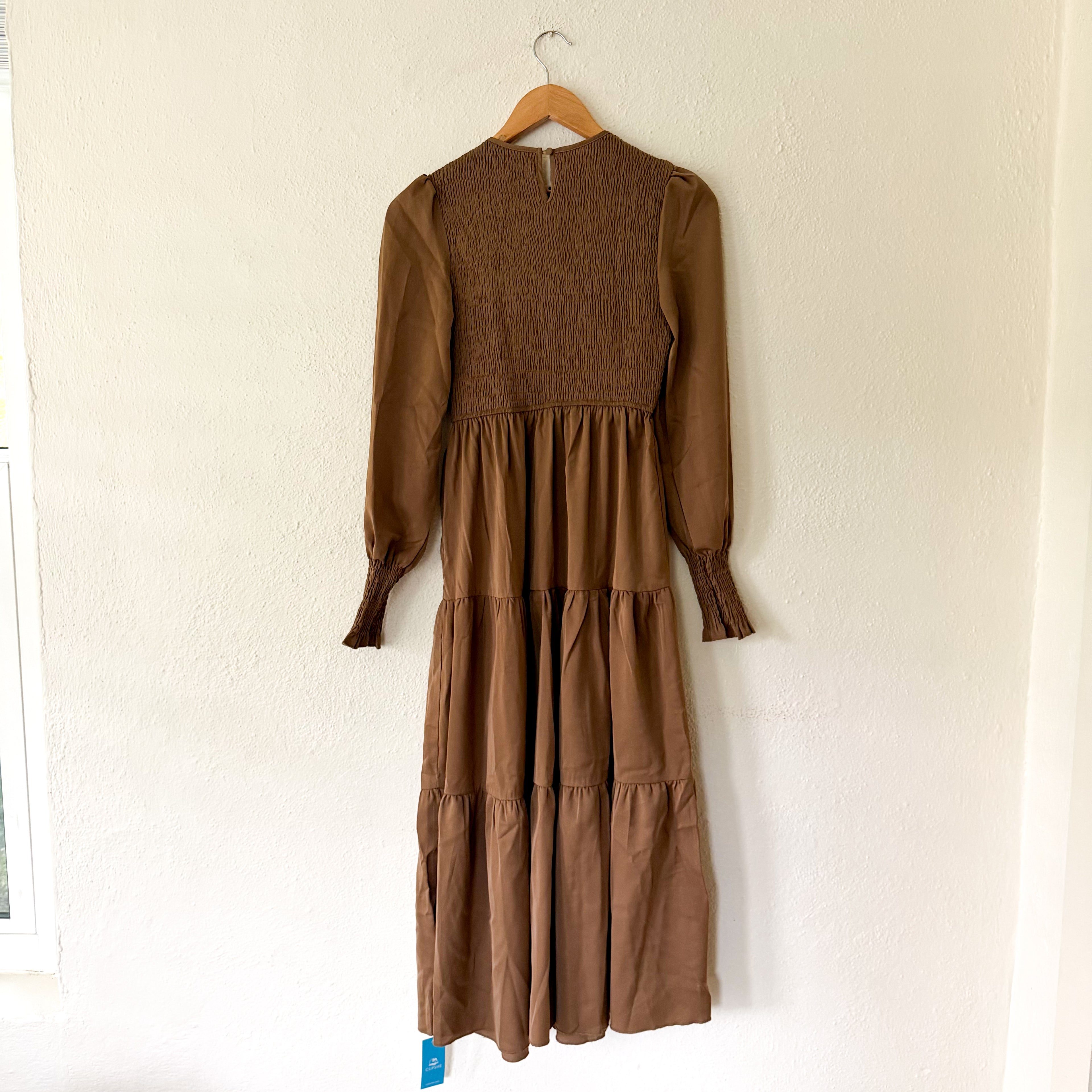 CUPSHE Brown Smocked Tiered High Neck Long Sleeve Maxi Dress | XS