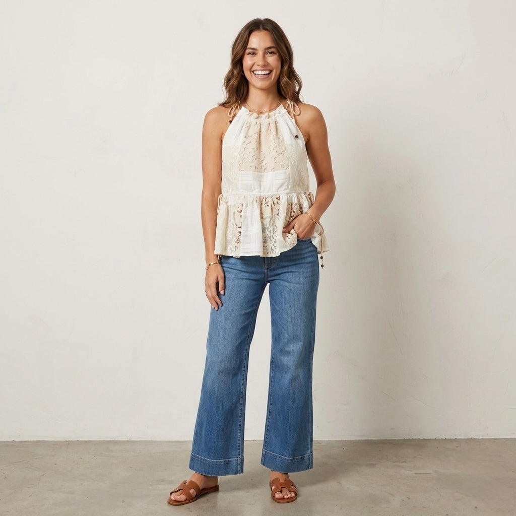Zimmermann Petite Lace High Neck Sleeveless Peplum Top in Ivory | 0P