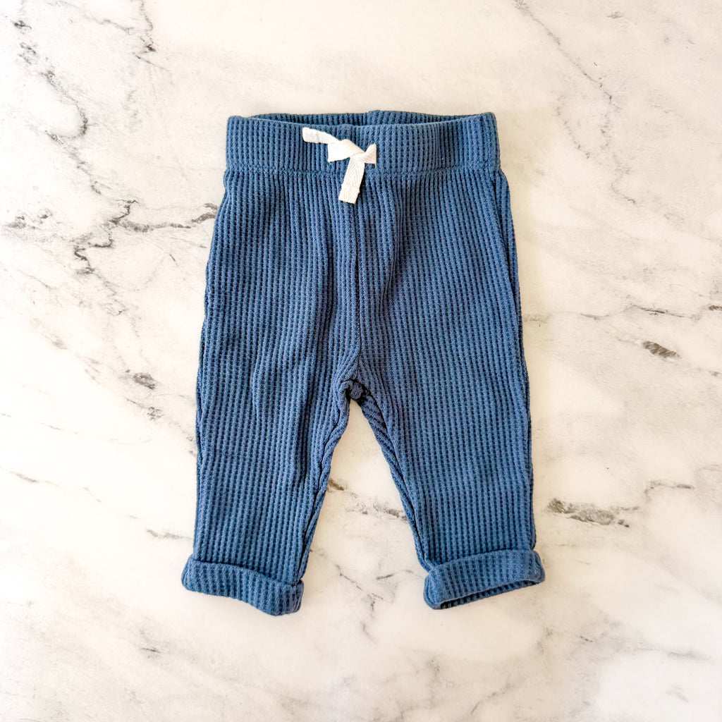 Firsts by Petit Lem Dog Appliqué Navy Blue Thermal Long Sleeve Top Pants Matching Set | 0-3m