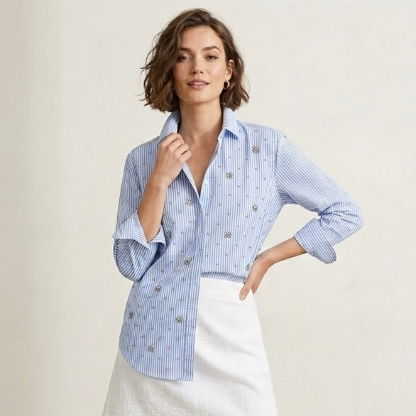 J.Crew Collection Garçon Button Down Rhinestone Embellished Long Sleeve Dress Shirt in Blue Pinstripe | 00