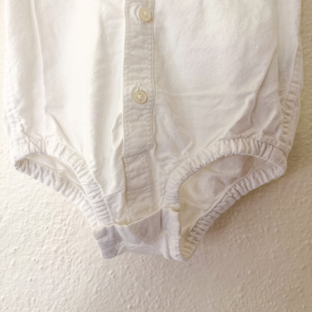 Gap White Cotton Teddy Bear Oxford Button-Down Long Sleeve Bodysuit | 6-12m