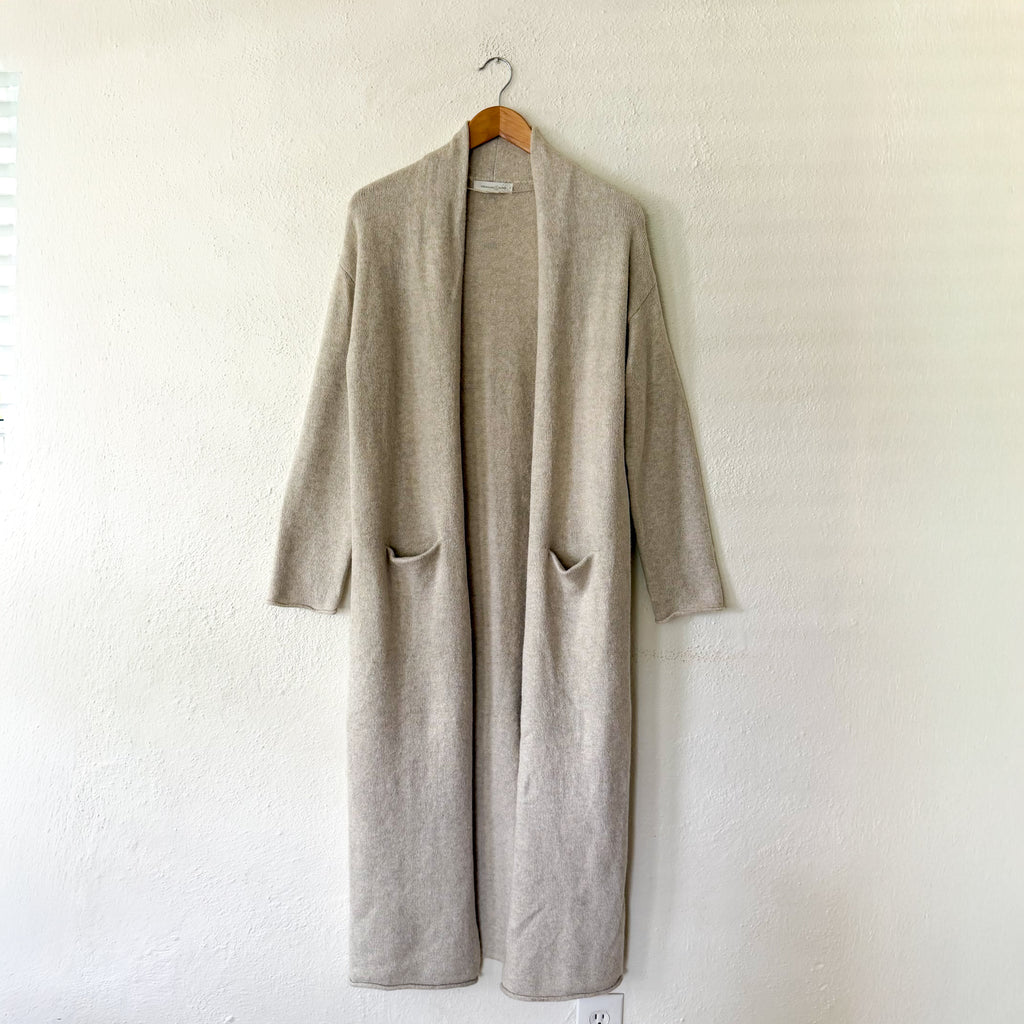 Treasure & Bond Open Front Long Duster Cardigan in Beige Oatmeal | XXS