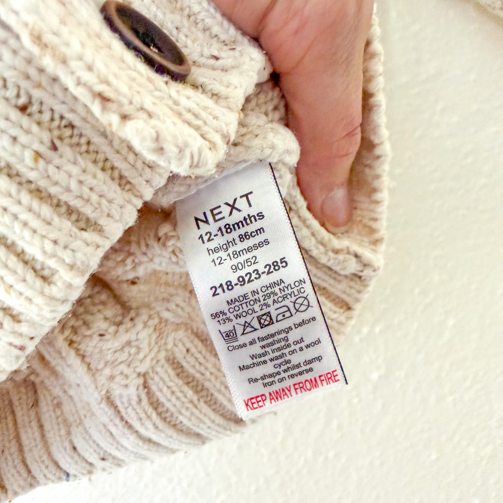 Next Wool Blend Cream Marl Cable Knit Shawl Collar Sweater | 12-18m