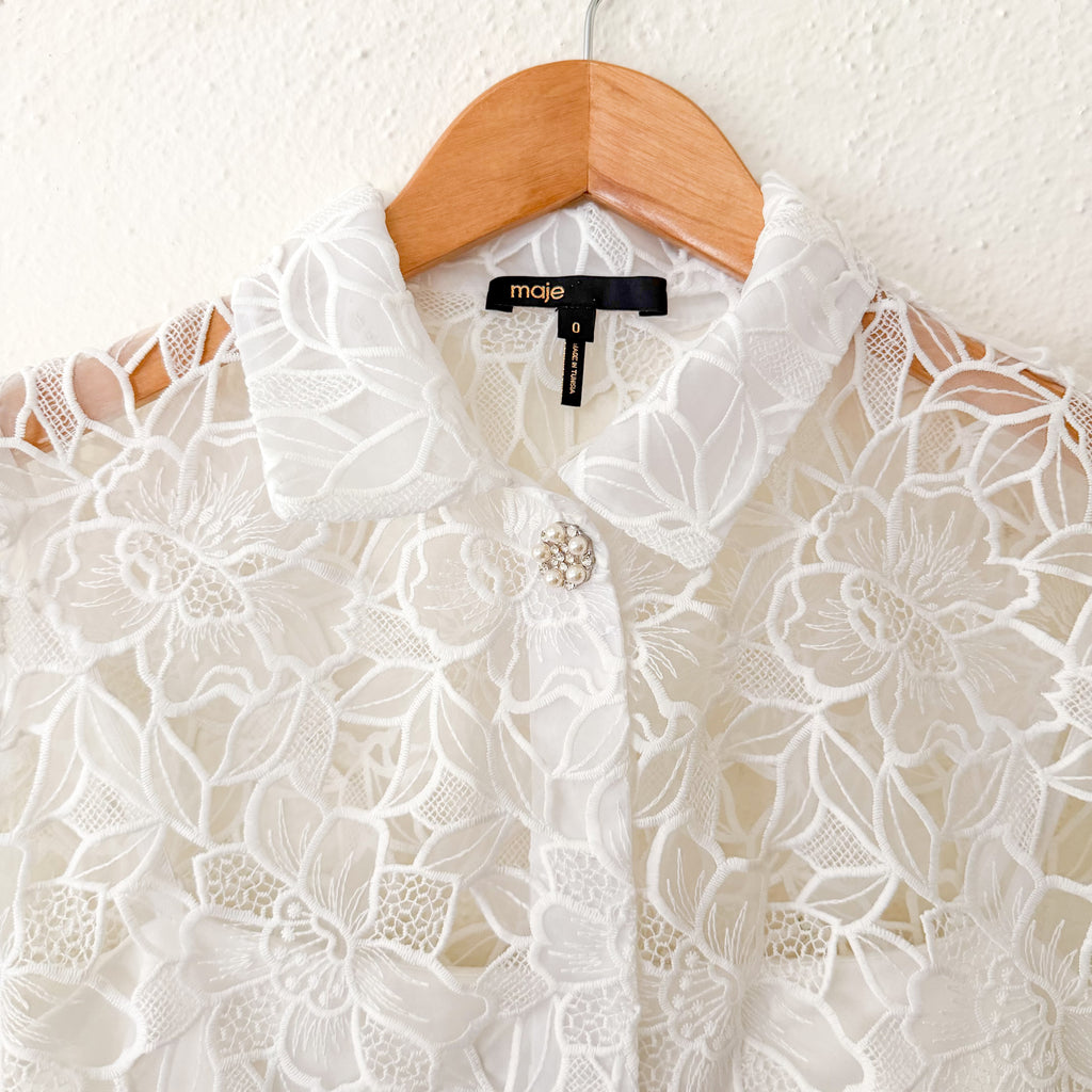Maje Cropped Floral Lace Broderie Sheer Blouse in White | 0