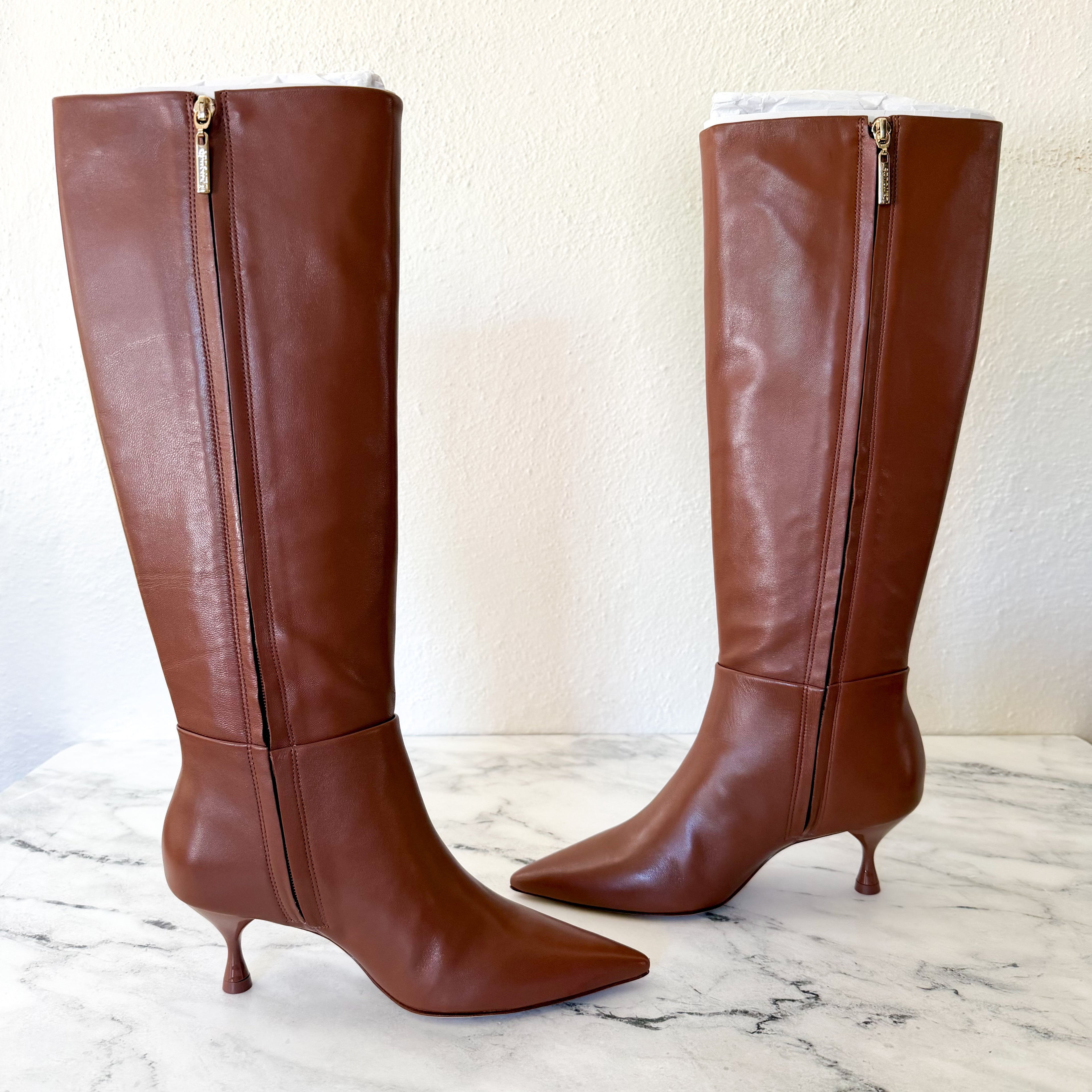 Larroudé Georgia Pointed Toe Boots in Shine Kids Skin Caramel | 6.5