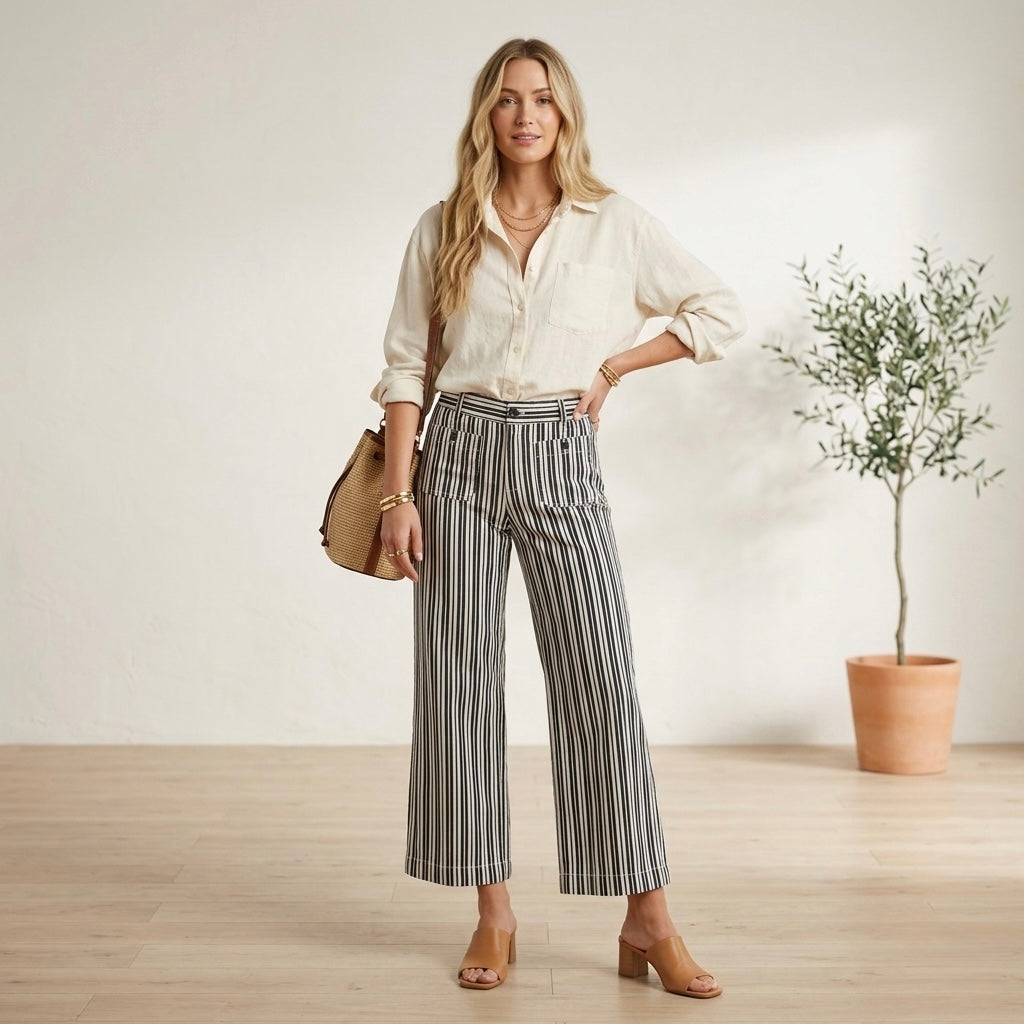 Loft The Palmer Wide Leg Pant in Black & White Stripe | 0