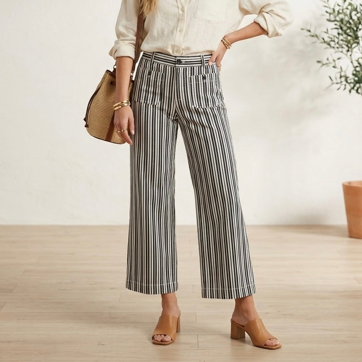 Loft The Palmer Wide Leg Pant in Black & White Stripe | 0