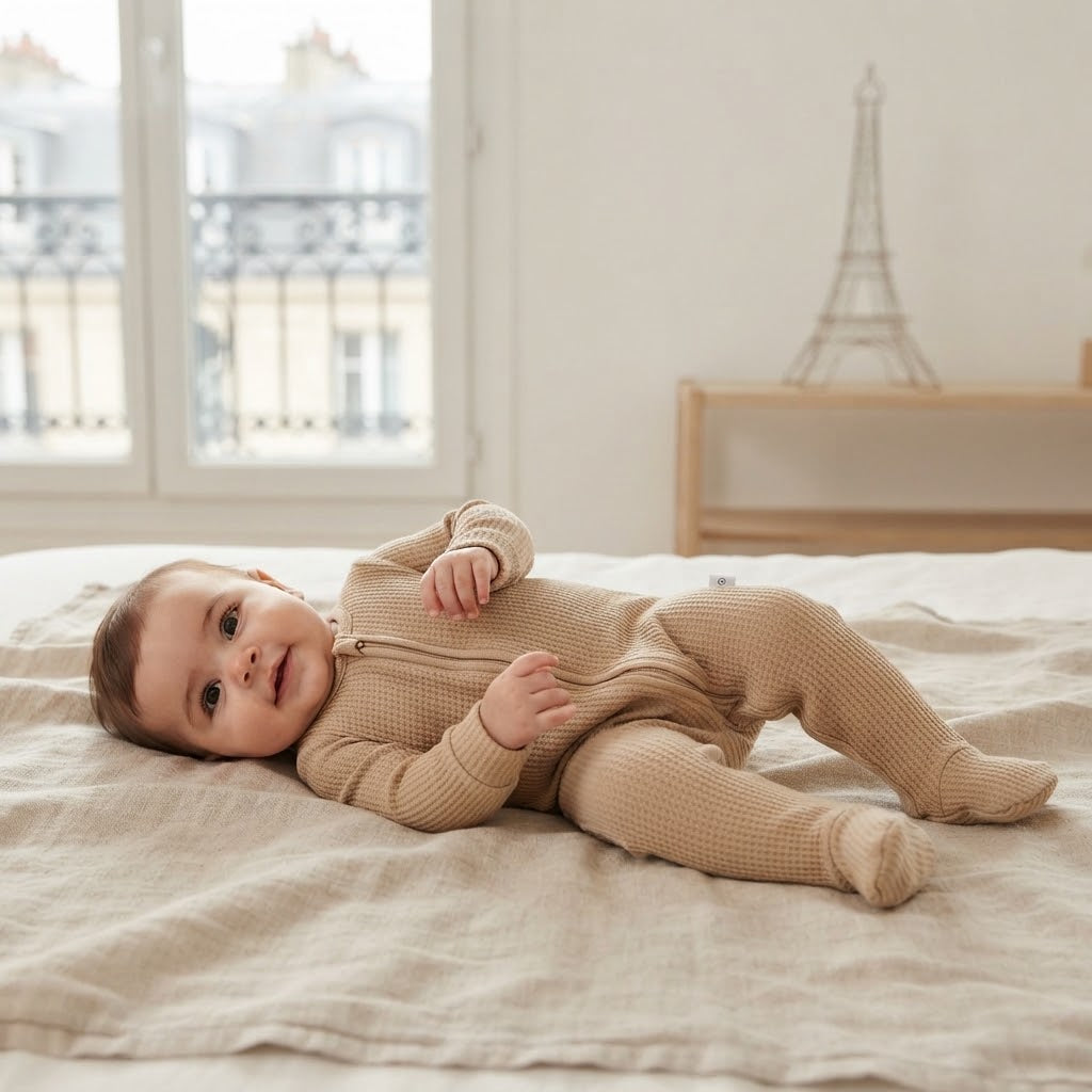 Mori Organic Cotton Tan Waffle Weaver 2 Way Zipper Footed Sleeper | 3-6m