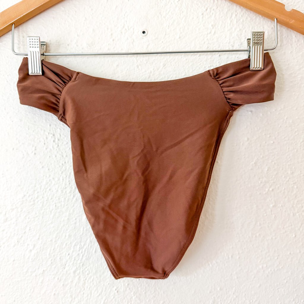 Abercrombie & Fitch Mid-Rise Rouched Side Bikini Bottoms in Brown | S