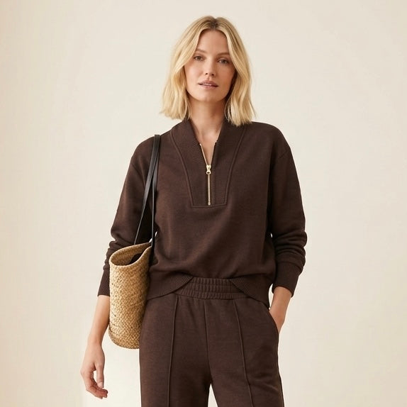 Varley Double Soft Sally Half-Zip Pullover Sweatshirt in Coffee Bean Marl | XS