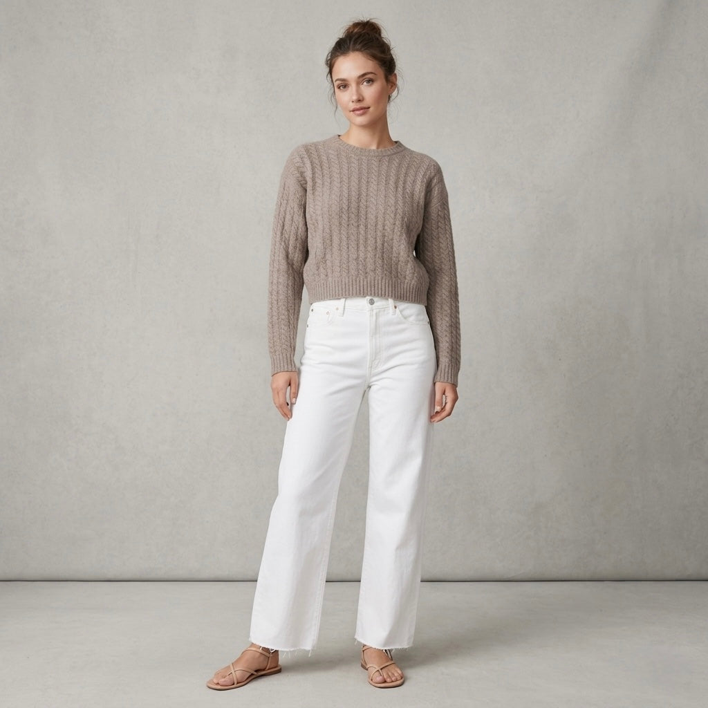 J.Crew 100% Cashmere Perfect Cable Knit Crewneck Sweater in Tan | XS