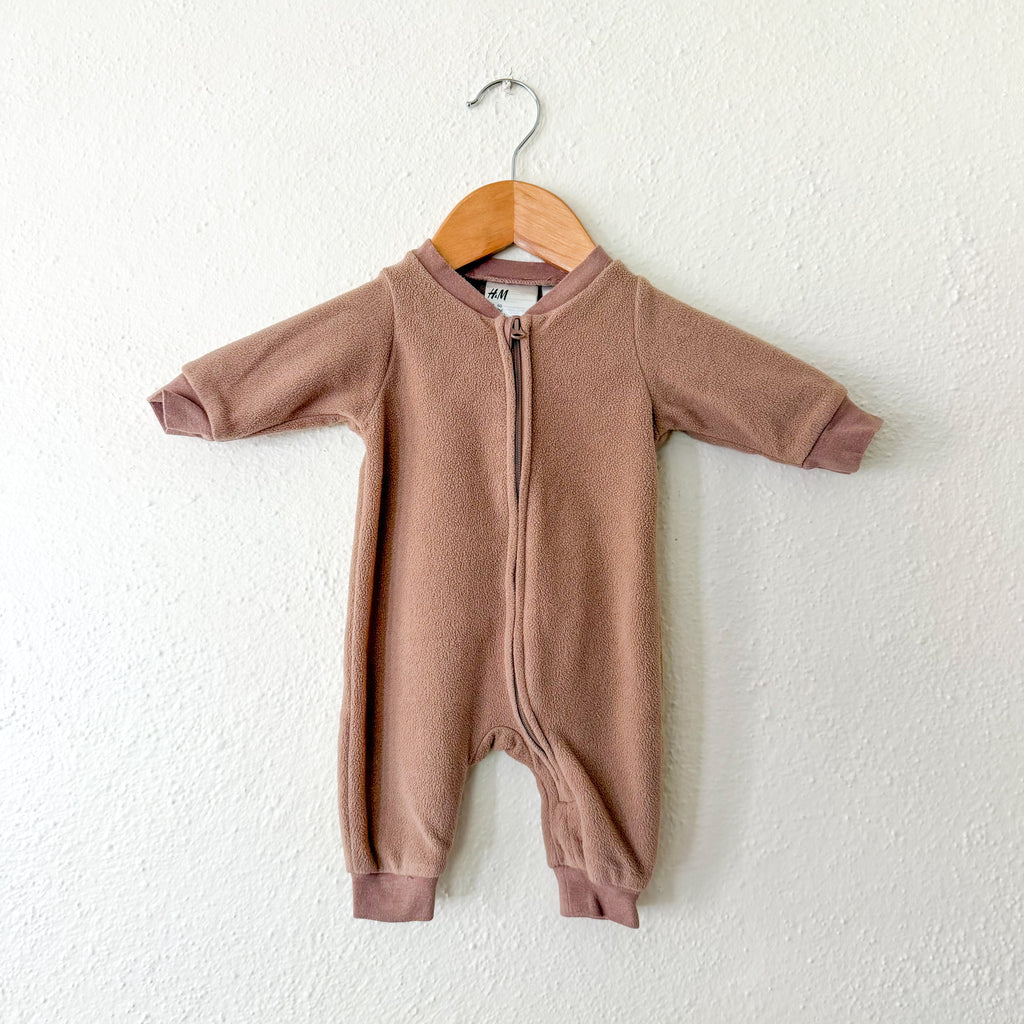 H&M Brown Fleece Zip-Front Sleeper Jumpsuit | PM (Premie)