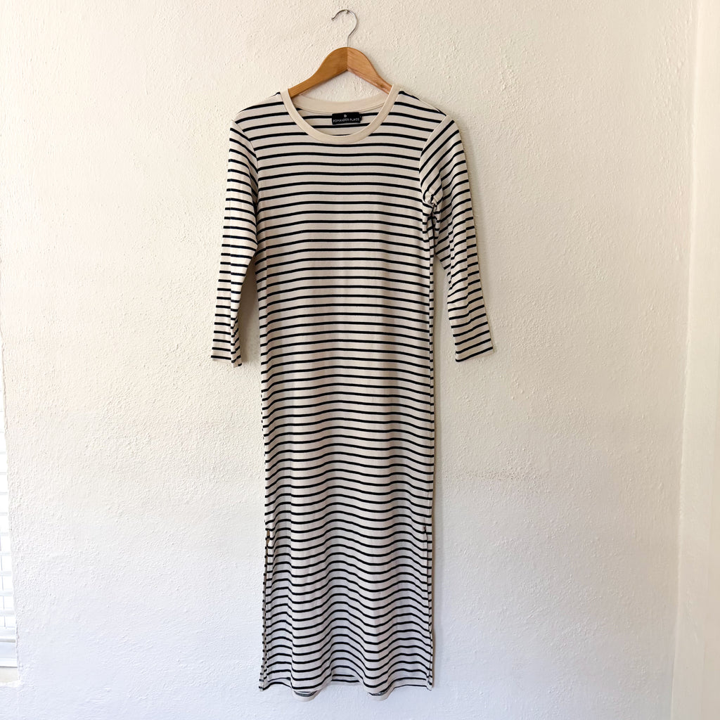 Pomander Place Navy Stripe Gio 3/4 Sleeve Jersey Maxi Dress | XS