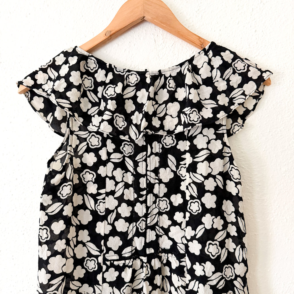 Leifsdottier 100% Silk Black Floral Short Sleeve Blouse | 6