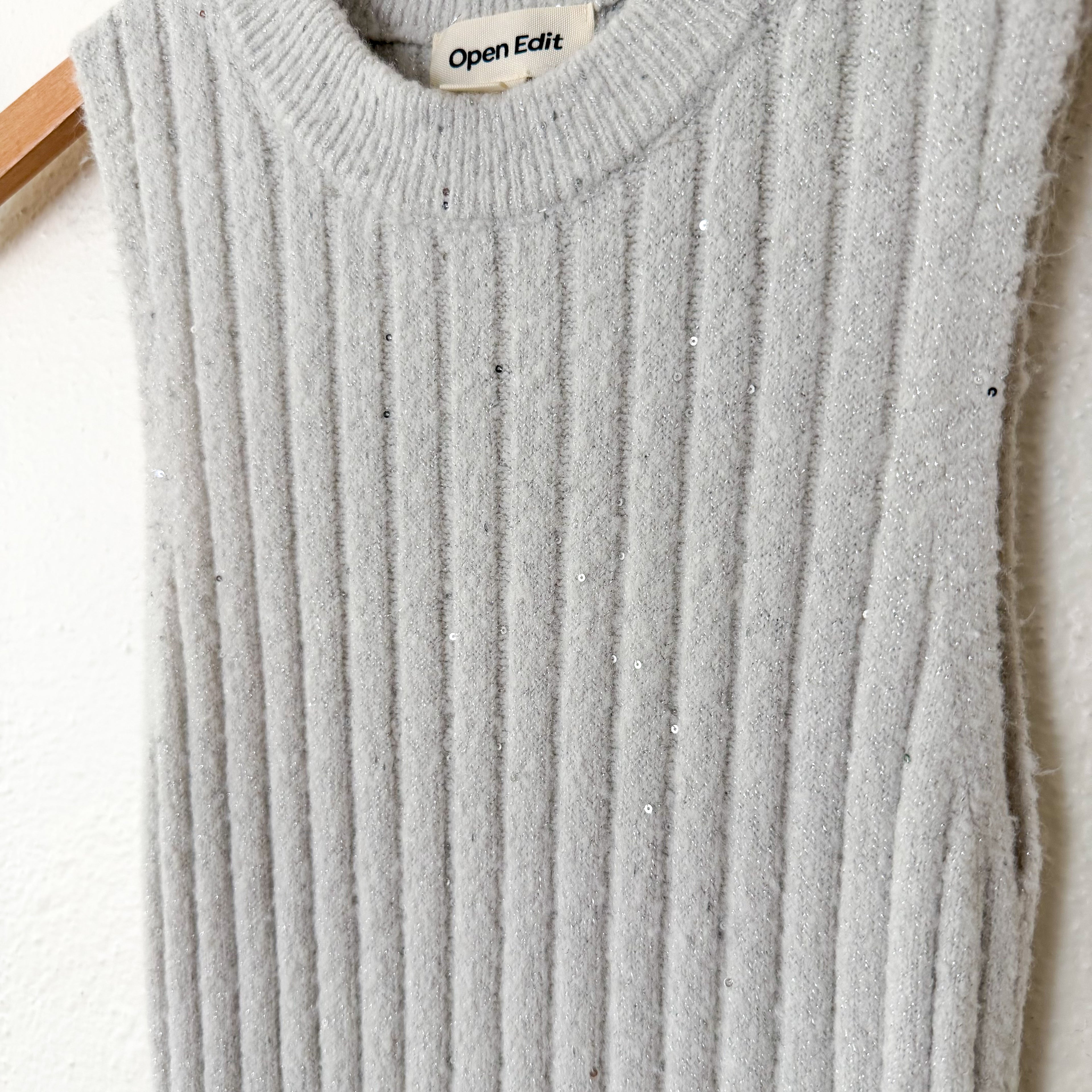 Open Edit Sleeveless Crewneck Sequin Ribbed Midi Sweater Dress in Ice Grey | XS