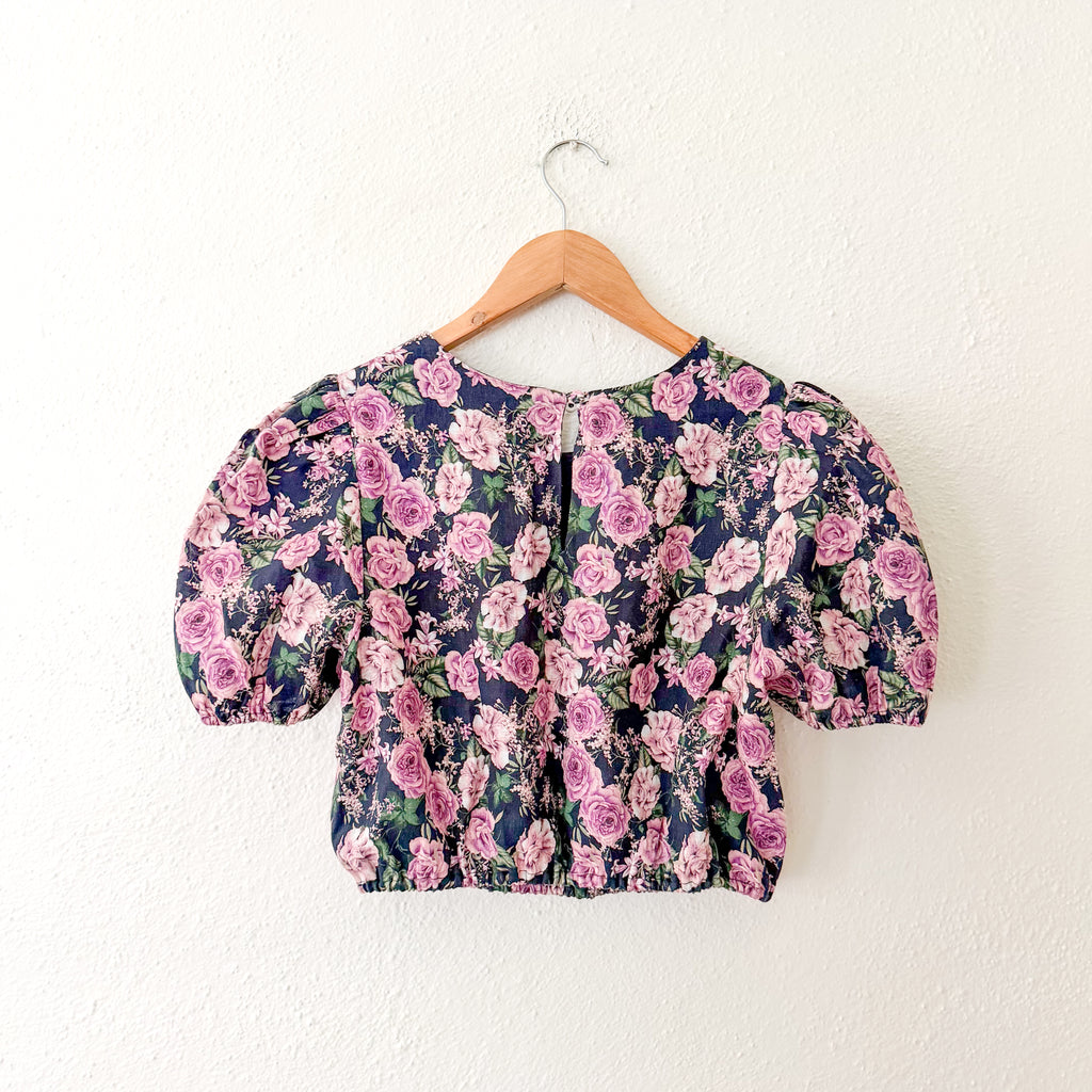 Cami NYC 100% Linen Cropped Purple Floral Puff Sleeve Blouse | XS
