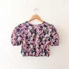 Cami NYC 100% Linen Cropped Purple Floral Puff Sleeve Blouse | XS