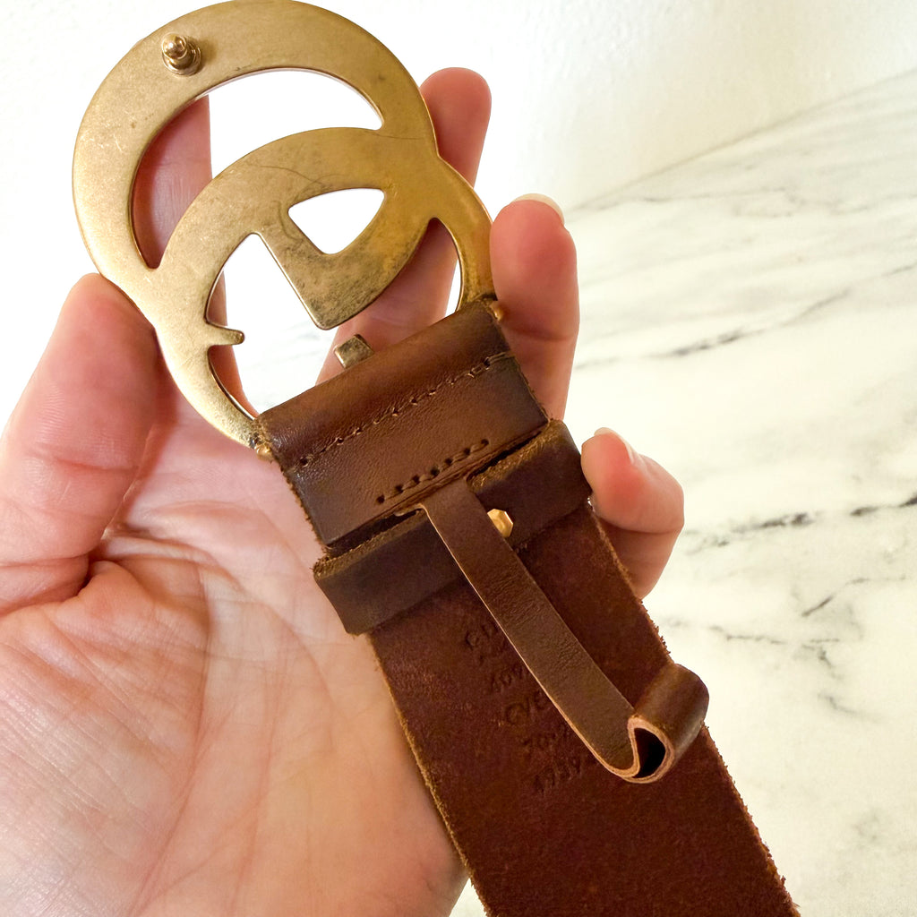 Gucci GG Marmont Brown Faded Leather Antique Brass Wide Belt | XS