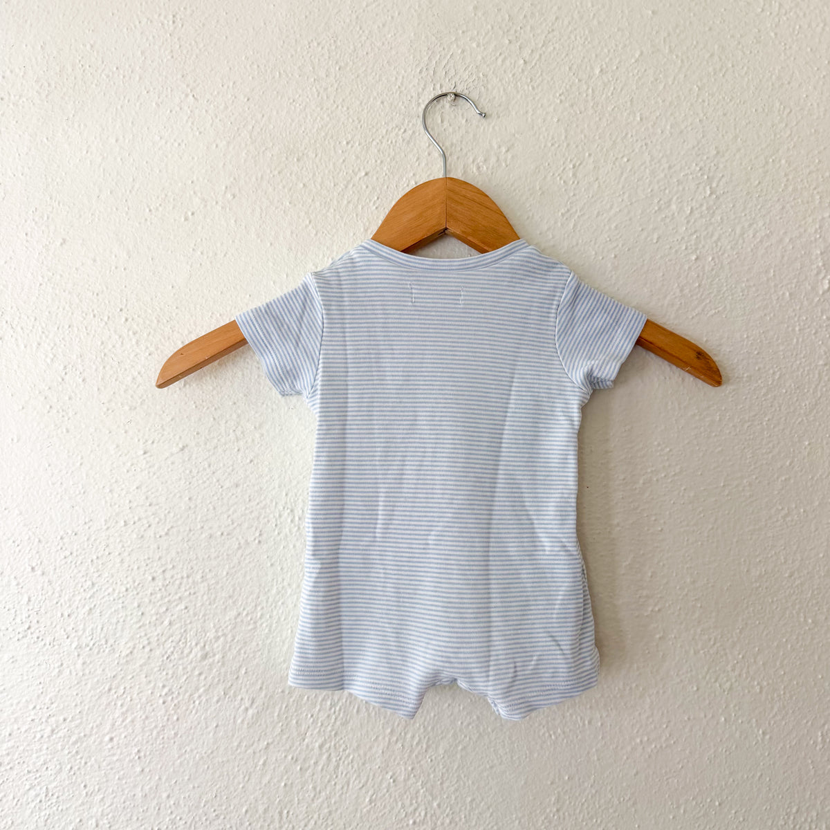 MNG Mango Blue White Pinstripe Short Sleeve Romper with Pocket | 3-6m