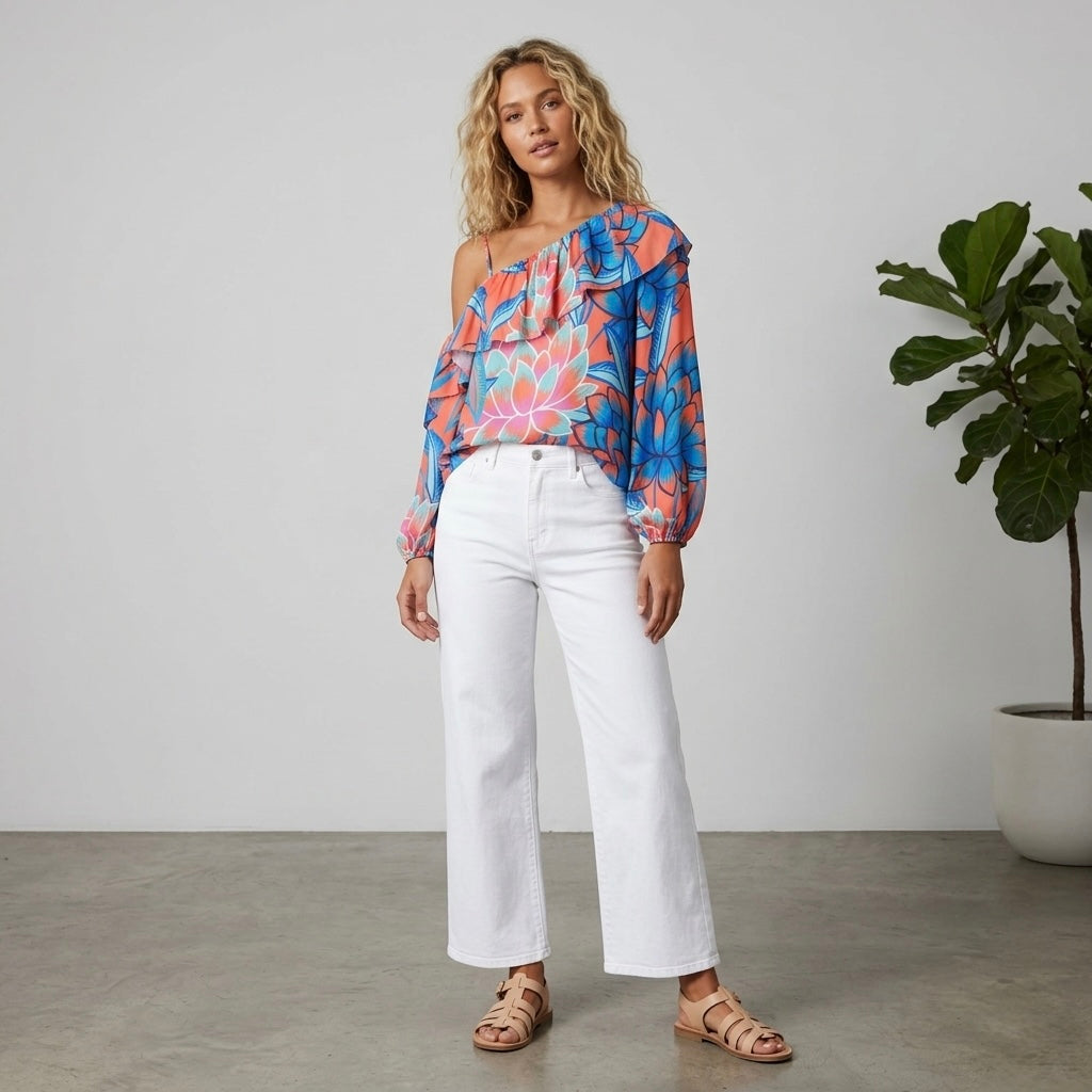 Parker NY Tropical Floral Silk Ruffle Off-The-Shoulder Top | XS